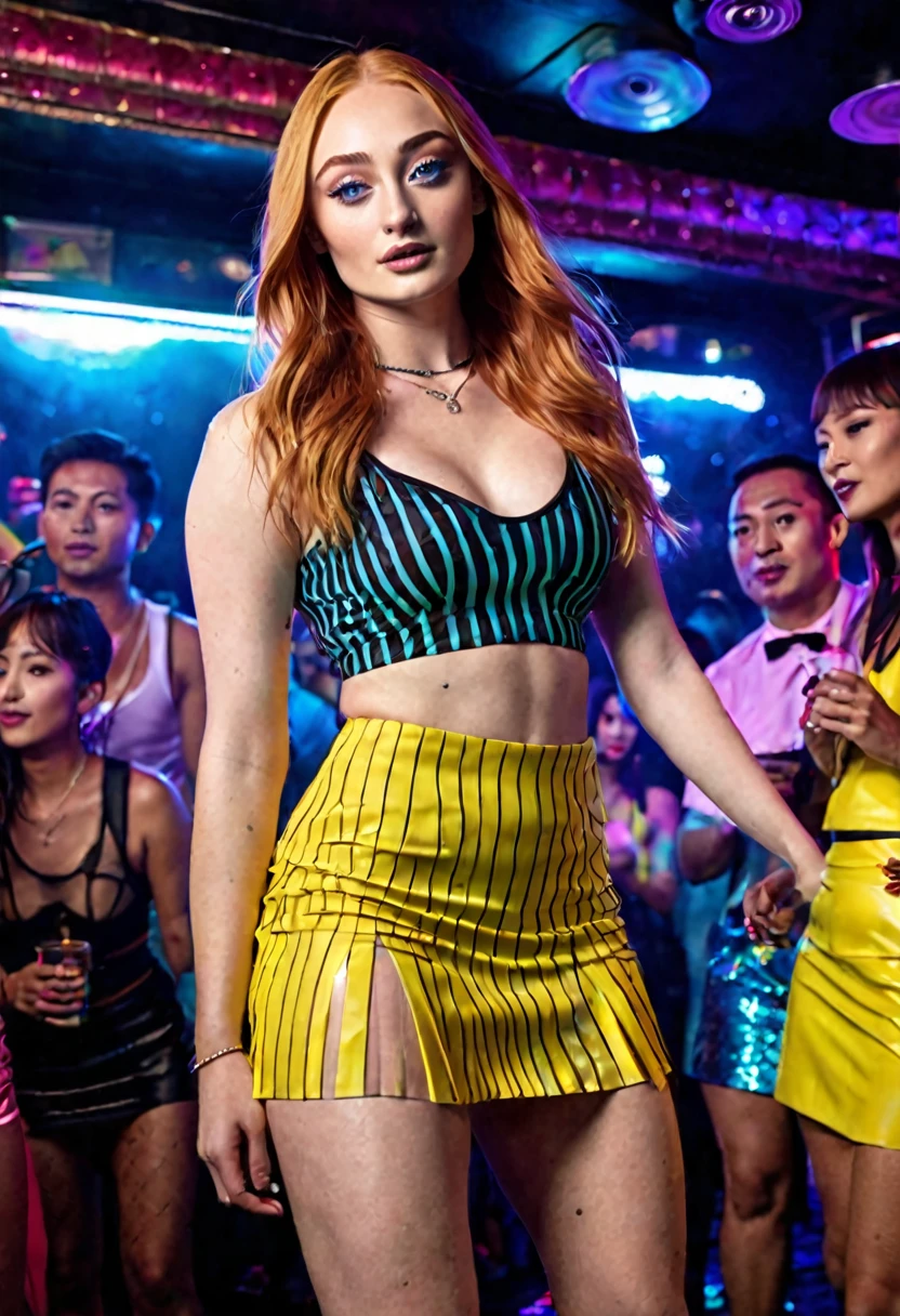 Sophie Turner (age 25, hair has a brightly colored stripe, mismatched color contact lenses, tight clubbing outfit with mini skirt panties exposed), viewed from a low angle behind, Bangkok dance club