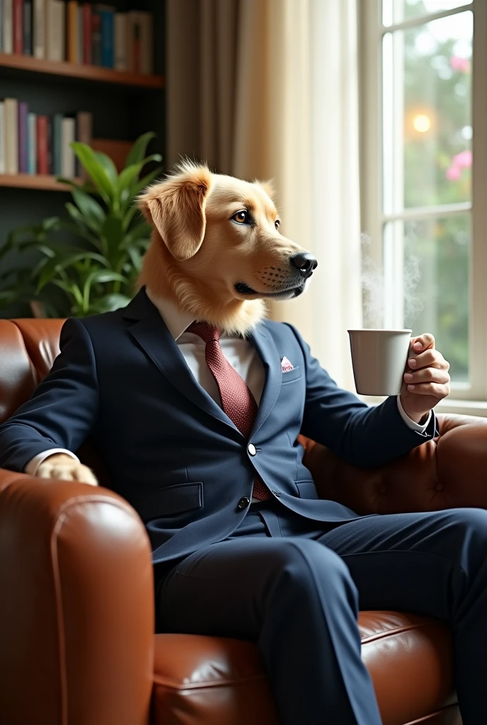 I want a picture of a dog but in a human body, wearing a suit, sitting on a couch drinking coffee. Please.