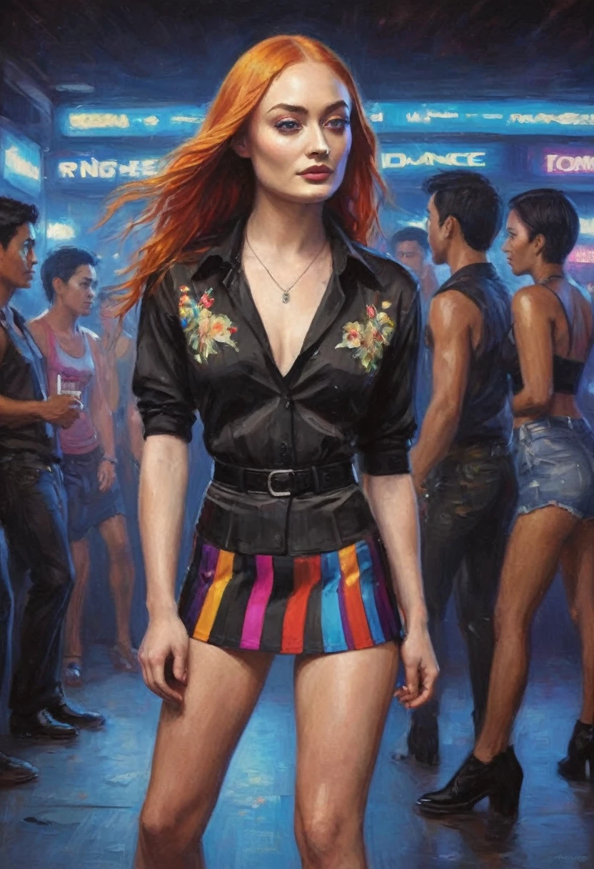 Sophie Turner (age 25, hair has a brightly colored stripe, mismatched color contact lenses, tight clubbing outfit with mini skirt panties exposed), viewed from a low angle behind, Bangkok dance club