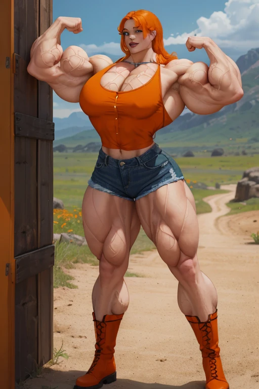 ((Close-up)), tall, (orange hair) beautiful muscular woman, long shaggy hair, pale white skinned, closed smile, large breast, (black lipstick), (massive muscles), (hyper muscle), (ginormous bulky muscles), green eyes, (((orange cowgirl shirt))), ((denim shorts)), choker, boots, ((flexing biceps)), in the wild Wild West, 