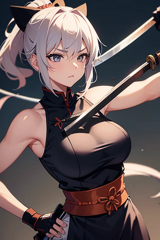 A female samurai with her katana in a training environment, large breasts. 