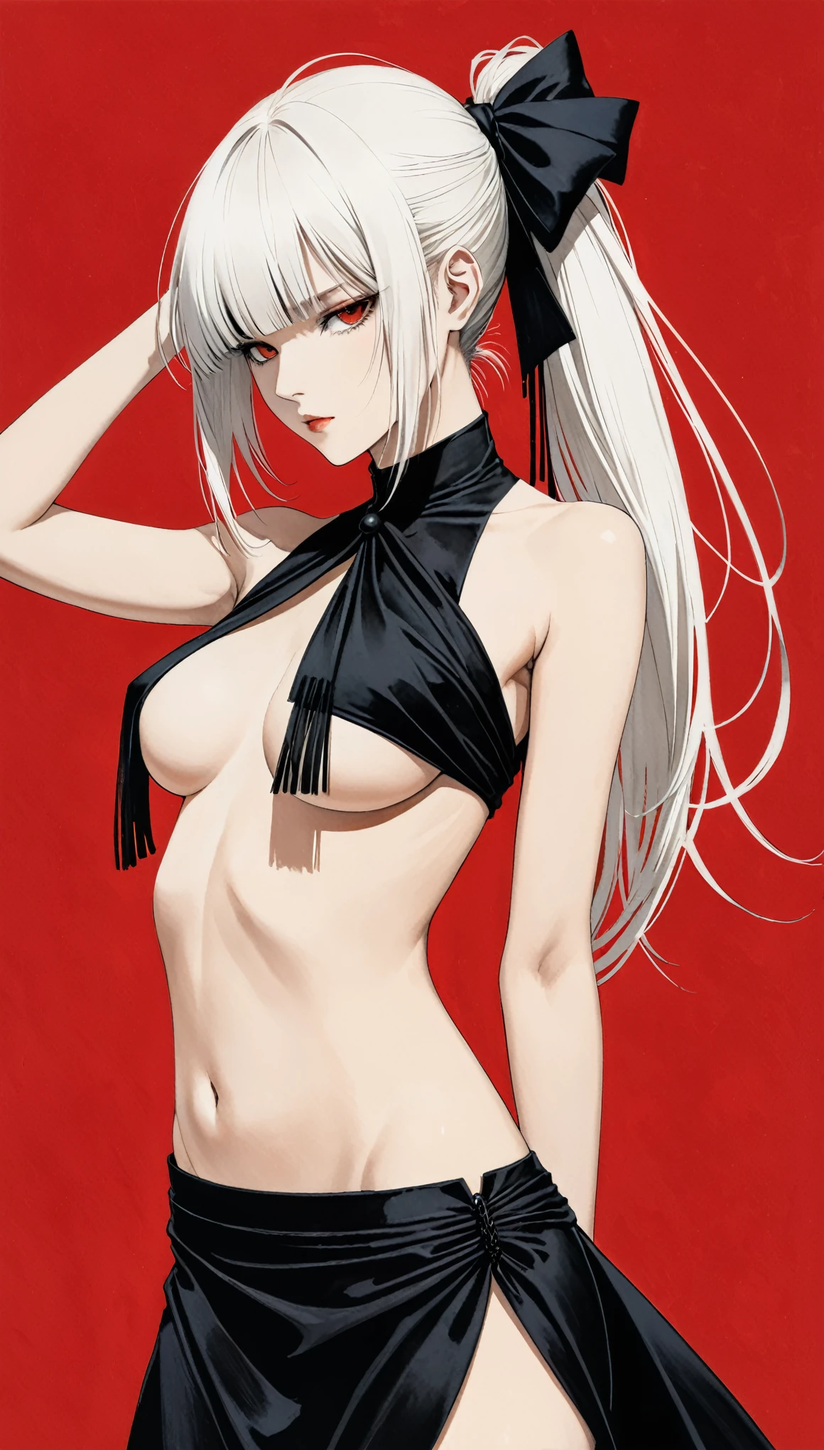 in style of Santiago Caruso,in style of Hans Hartung
(1girl ),white hair,(UnderBoob:1.1),red background,alternate hairstyle,covered chest curtain tassel,blunt bangs,short side hair,incredibly long low pony tail,Absurd artistic,gravure_pose,black hindbrain bow