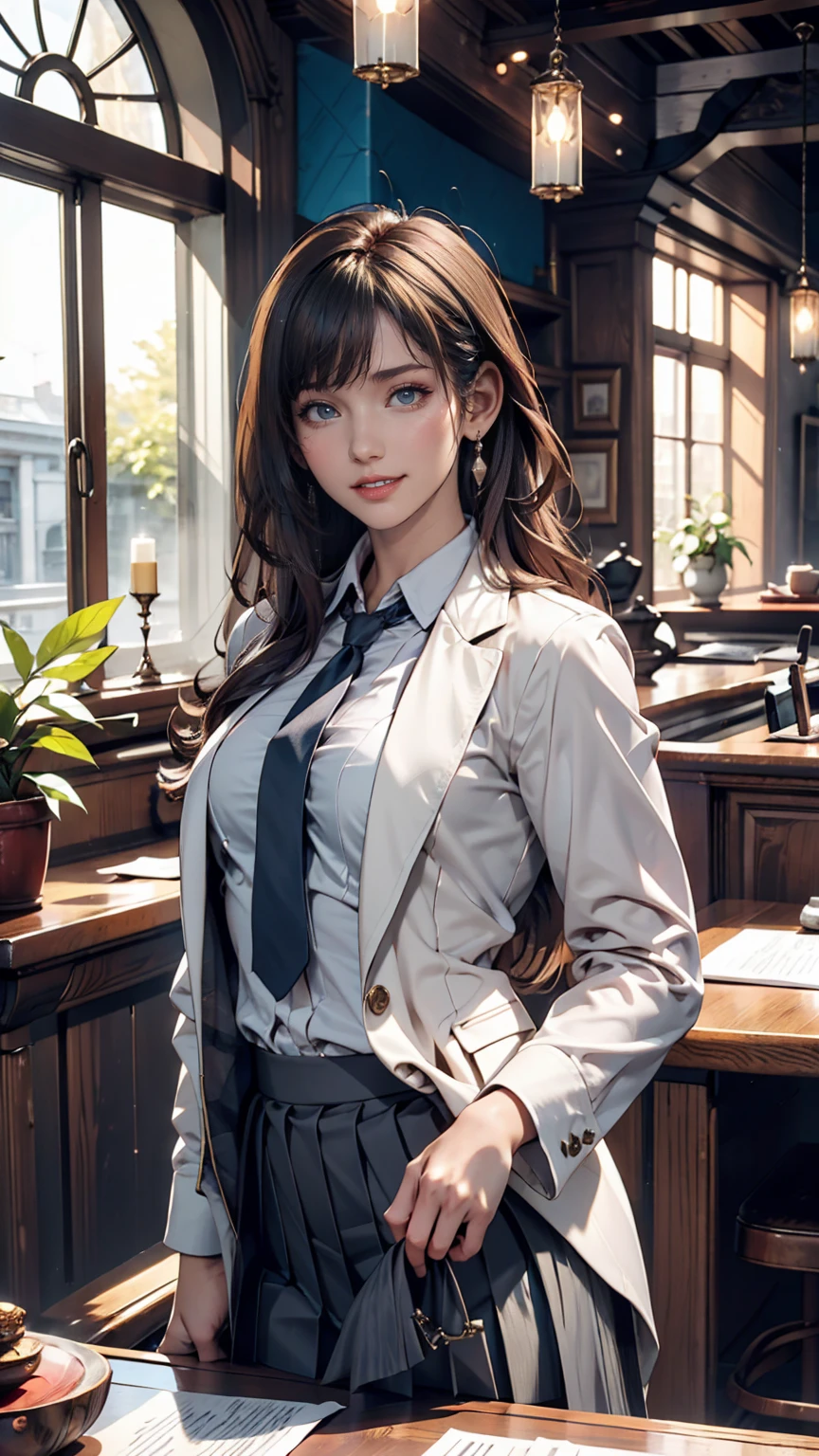 masterpiece, Highest quality, Very detailed, One person, Alice, White jacket, White shirt, Blue tie, Pleated skirt, Hello, indoor, smile 