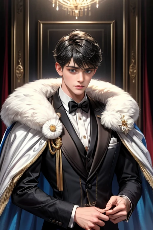 masterpiece, 最high quality, high quality, 1 boy, alone, Male focus, Watching the audience, Messy black hair, Adorable big blue eyes, White people, Noble, Noble,Sexy voluminous cape、Tuxedo、A very voluminous, large, very large, very large, long, long red and black cape with a high stand-up collar, reaching down to the floor, made of a lot of fabric., ,Cute beautiful boys,Cute, cute, kind, handsome guy