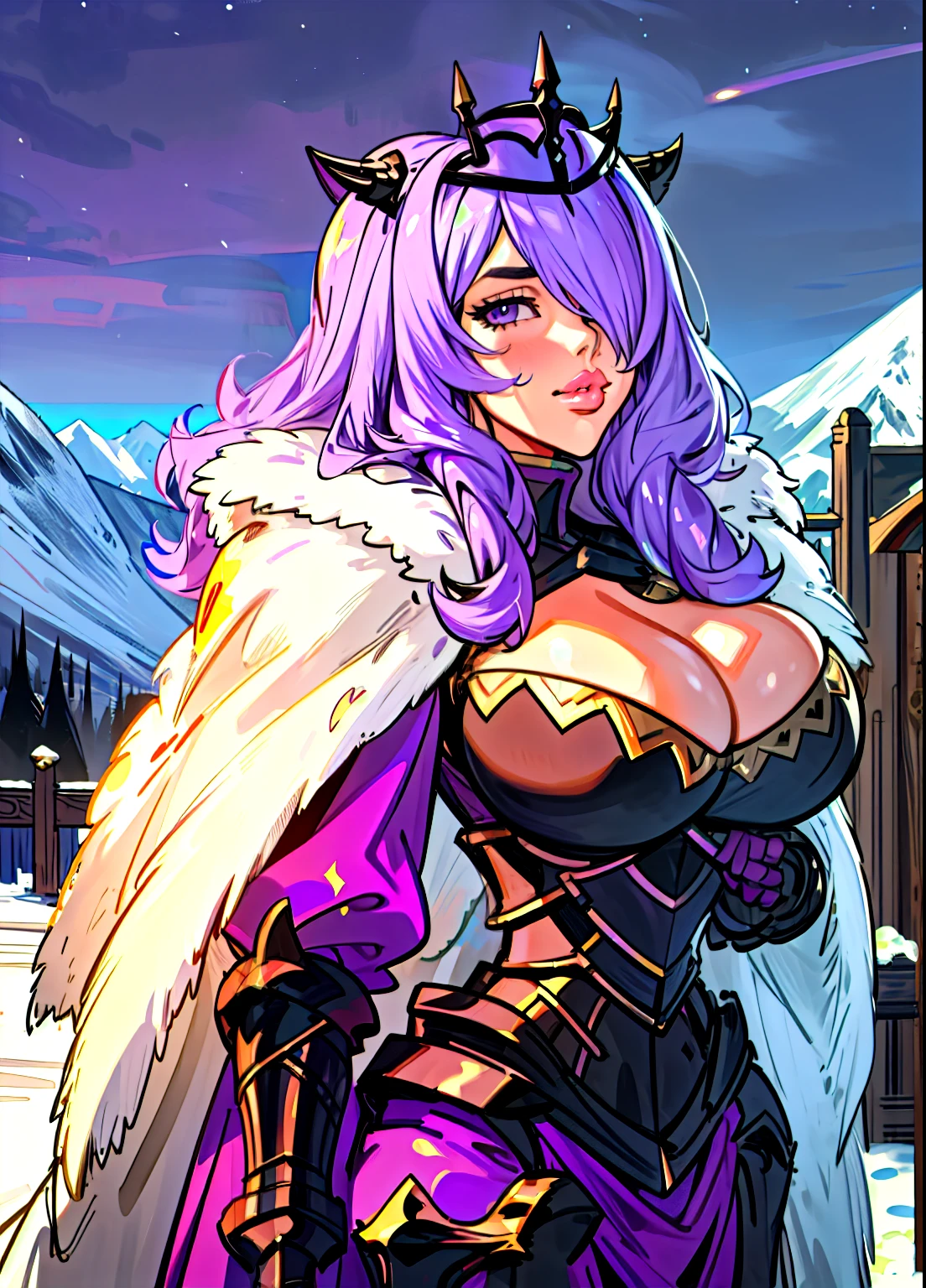 masterpiece, best quality, brvCamilla, crown, cape, armor, gloves, fur trim, upper body, huge breasts, flufdy voluptuous hair,looking at viewer, mountain, rock formations, night, serious expression, from side