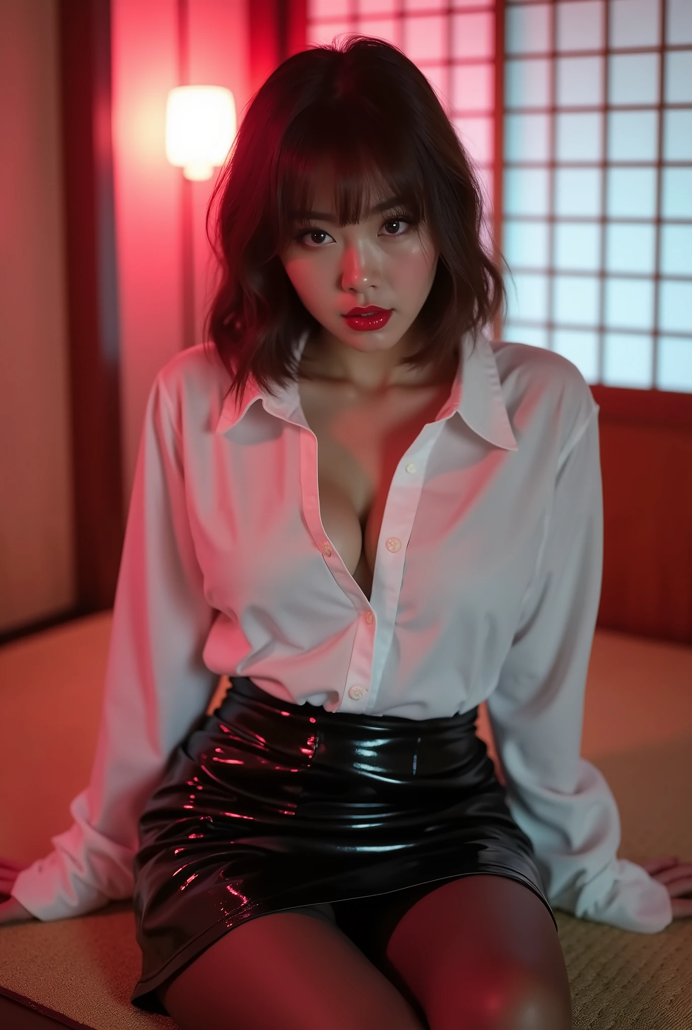 ((Japanese sexy idol))　35 talents　((Plump, bright red lips with lipstick))　round face　Heavy makeup　Big Breasts　Plump　Brown hair short hair　((Looking into the camera))　Sit with your legs apart　((White button-up shirt with black patent leather tight skirt and black stockings))　Skin and chest drenched in sweat　　(Sit on the futon with your legs spread open.)　look down　((A bedroom with shoji and tatami mats lit up in pink neon lights))　Shooting from a camera angle seen from the floor