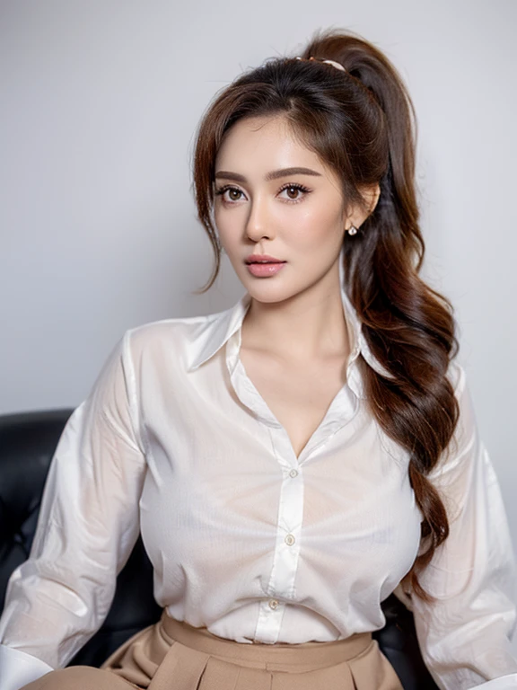 (A woman sitting in an office，dark background, sit on table，poster on wall，A sexy pose，
（（（masterpiece）））， （（best qualtiy））， （（intricately details））， （（ultra-realistic realism））， Ridiculous res， A MILF， Mature woman， see-through， highly  detailed， 1girl， （（huge tit））， perfect hand， detailed finger， Beautiful detailed eyes， High ponytail， with brown eye， name badge， vd， （Business clothes), ((very very transparent white shirt)), very very thin shirt, absolute cleavage，off shoulders, hot business skirt，(exposed nipples from her shirt)， detailedbackground， perfect  eyes， Seductive eye， looking at viewer，shoot From the front