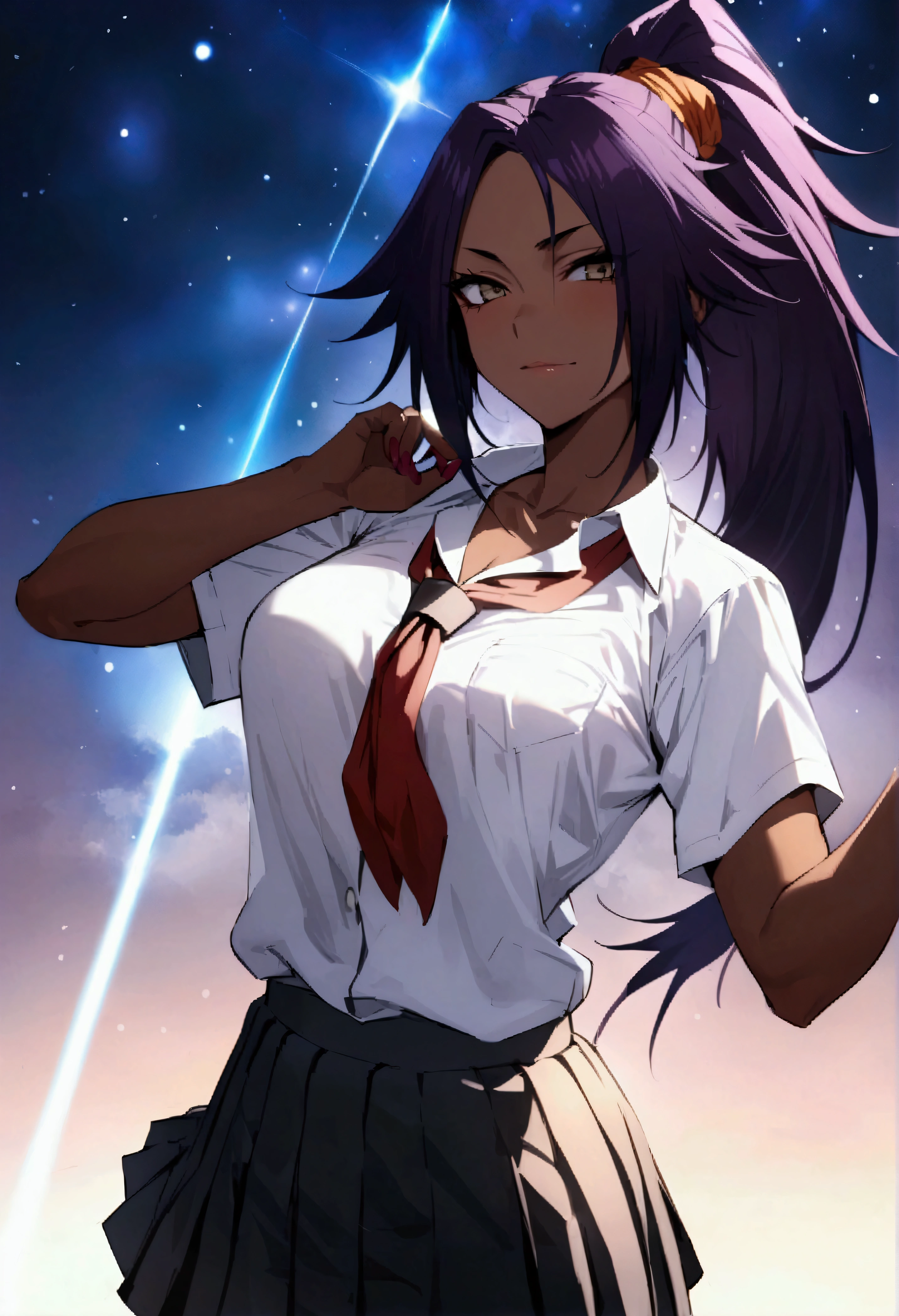 Highest quality、Masterpiece、Super detailed、Yoruichi\(Bleach\),school uniform