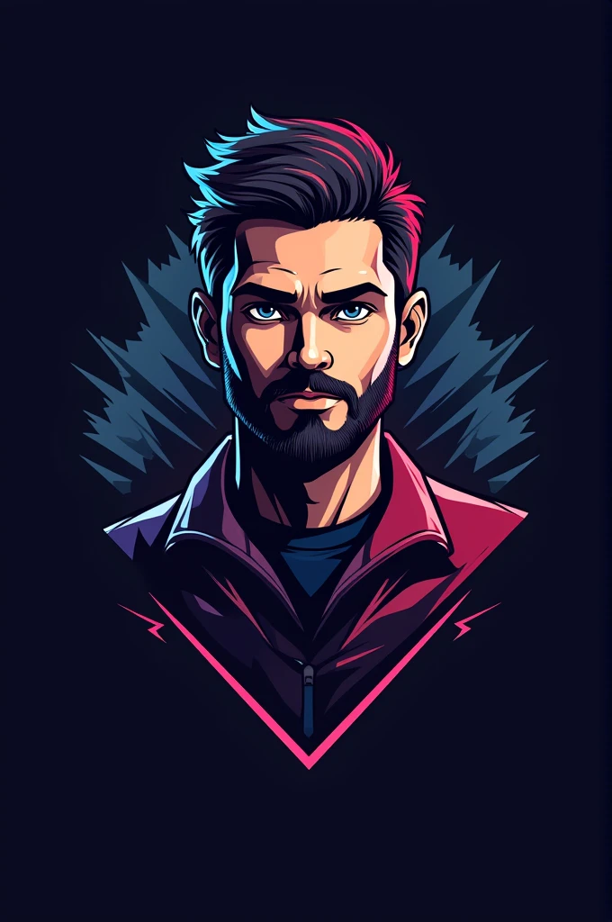 Design a gaming logo featuring the face of a 25-year-old man with a beard. The face should be stylized in a way that subtly incorporates the letters 'H' or 'h' and 'G' or 'g'. The overall design should primarily represent the face, but upon closer inspection, it should reveal the shapes of 'H' and 'G'. Ensure the logo is bold, modern, and suitable for gaming branding.