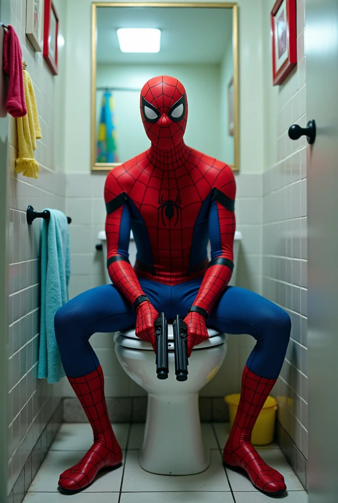 PHOTO RÉELLE DE HAUTE QUALITÉ, LE SUPER-HÉROS SPIDER-MAN ASSIS SUR DES TOILETTES, AVEC DEUX PISTOLETS TENUS DANS LES MAINS