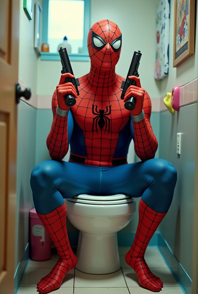 PHOTO RÉELLE DE HAUTE QUALITÉ, LE SUPER-HÉROS SPIDER-MAN ASSIS SUR DES TOILETTES, AVEC DEUX PISTOLETS TENUS DANS LES MAINS