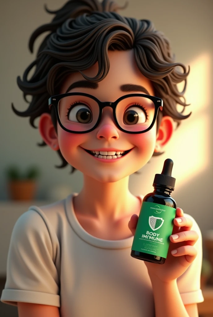 A teenage female with dark brown eyes, with broken hair, thick lips, high, thin and with a happy expression, put on oakley glasses,3d render. while holding a medicine in a small dark colored liquid medicine bottle labeled 'Body immune'. The bottle should have a sleek, modern design, featuring a green label with a shield icon symbolizing protection. The bottle cap should be black with a dropper tip. A happy, healthy and fit atmosphere characterizes the girl's .condition. background of a room,high detail