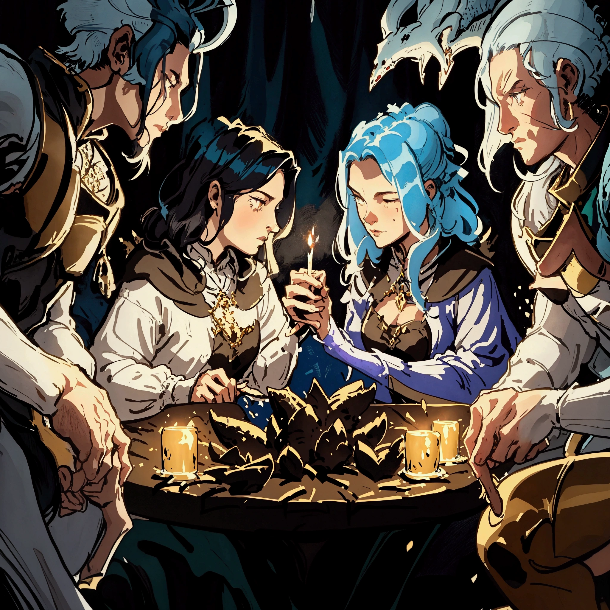 The witch and the wizard in a candlelit、Gathering in the tavern with the clock,A group of people,Playing a tabletop RPG, lawther sit at table playing No need, high quality No need illustration, rpg game art, No need , Fantasy card game art, card game illustration, No need card art, Epic Fantasy Card Game Art, A cozy pub, Pub Background, epic Fantasy card game art