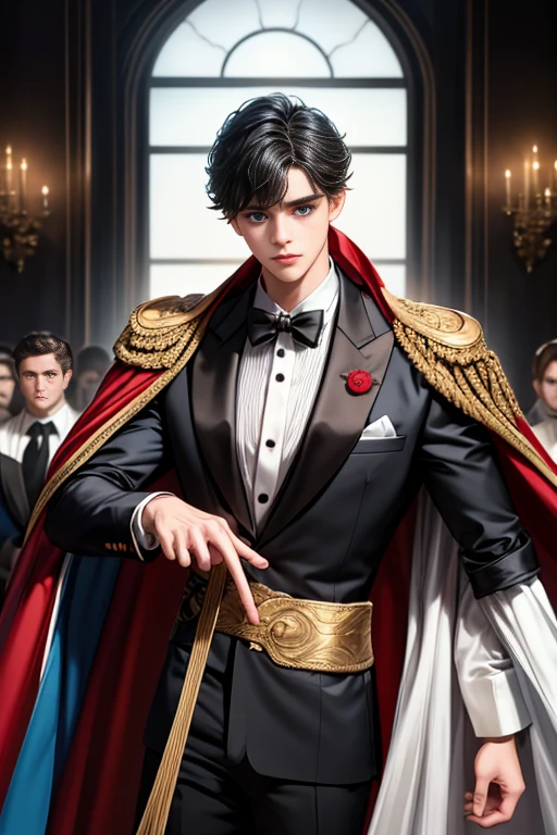 
masterpiece, 最high quality, high quality, 1 boy, alone, Male focus, Watching the audience,  Messy black hair, Adorable big blue eyes, White people, Noble, Noble,Sexy voluminous cape、Tuxedo、A very voluminous, large, very large, very large, long, long red and black cape with a high stand-up collar, reaching down to the floor, made of a lot of fabric., ,Cute beautiful boys,Cute, cute, kind, handsome guy