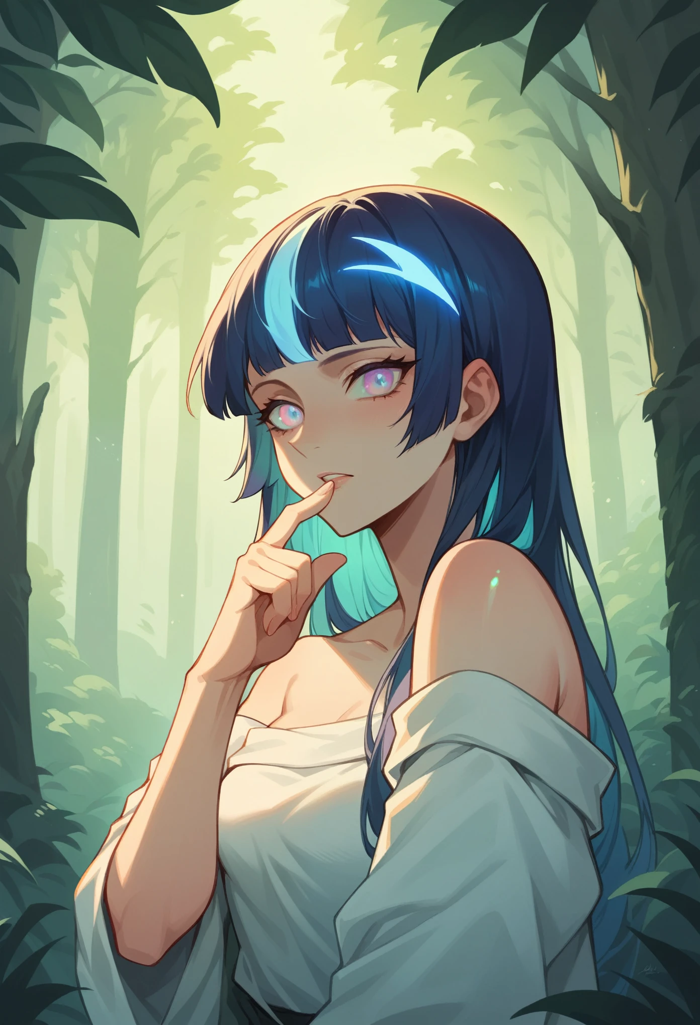 masterpiece, Highest quality, Ultra-high resolution, Fluorescent color,, 1 person, Looking at the audience, Beautiful Face, Beautiful Eyes, (Off the shoulder: 1.2), Lift your head, Upper Body, forest, Shiny Hair, Glowing Skin, Shining Cut, Little, Adjusting the Finger Ratio