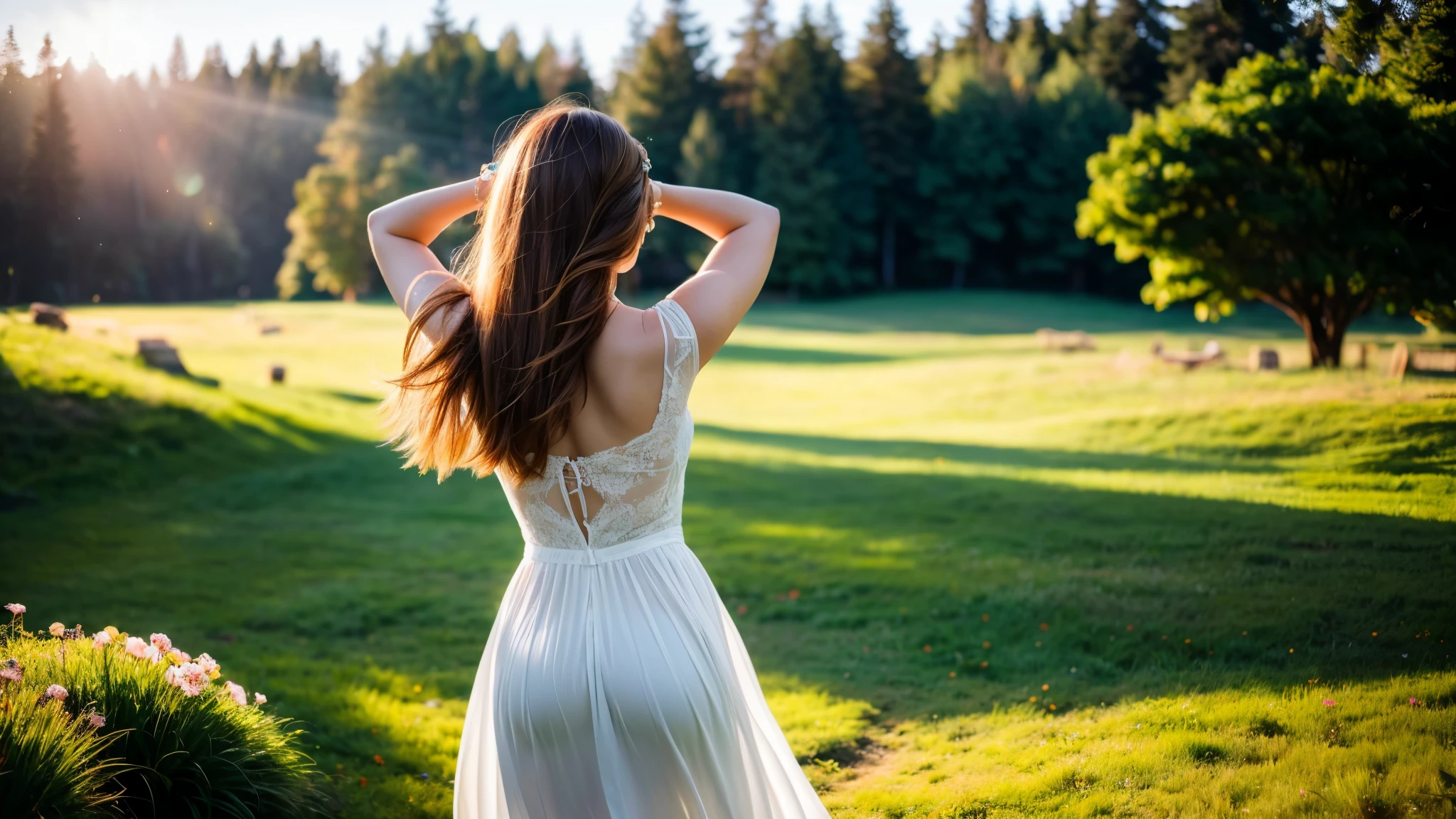 a peaceful meadow, a joyful lady in a white dress, open arms, embracing happiness, gentle breeze, serene landscape, (best quality,4k,8k,highres,masterpiece:1.2),ultra-detailed,(realistic,photorealistic,photo-realistic:1.37),HDR,UHD,studio lighting,ultra-fine painting,sharp focus,physically-based rendering,extreme detail description,professional,vivid colors,bokeh,portrait,landscape,warm color tones,natural lighting