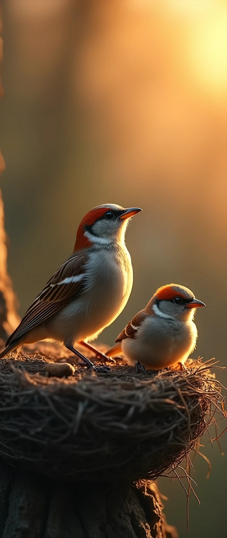 (masterpiece:1.2,Distinguished Quality,Mirror-like,Cinematic Experienc),8k,wallpaper,(Sparrow family),(nest),(dusk),(dynamic)