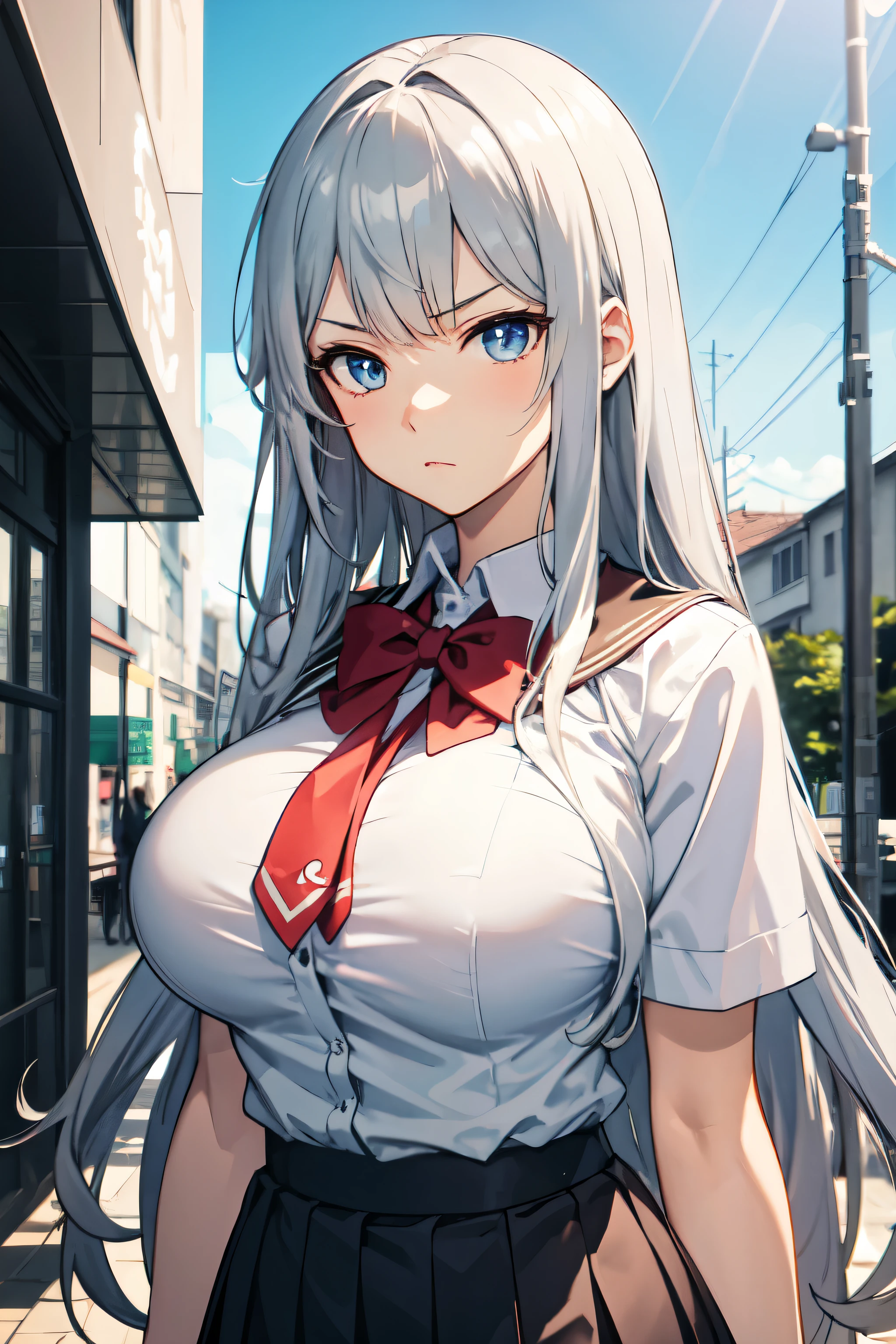 High resolution, 1 girl, Solo, Hips up,Lolita costume，RED Beautiful eyes, White hair, ringed eyes, Collared shirt,black necktie,Black skirt, pencil skirts, Fur coat, read clear eyes, light red eyes, red black and blue hair strikes, long straight hair, silver hair, straight bangs, silver straight bangs, blunt bangs