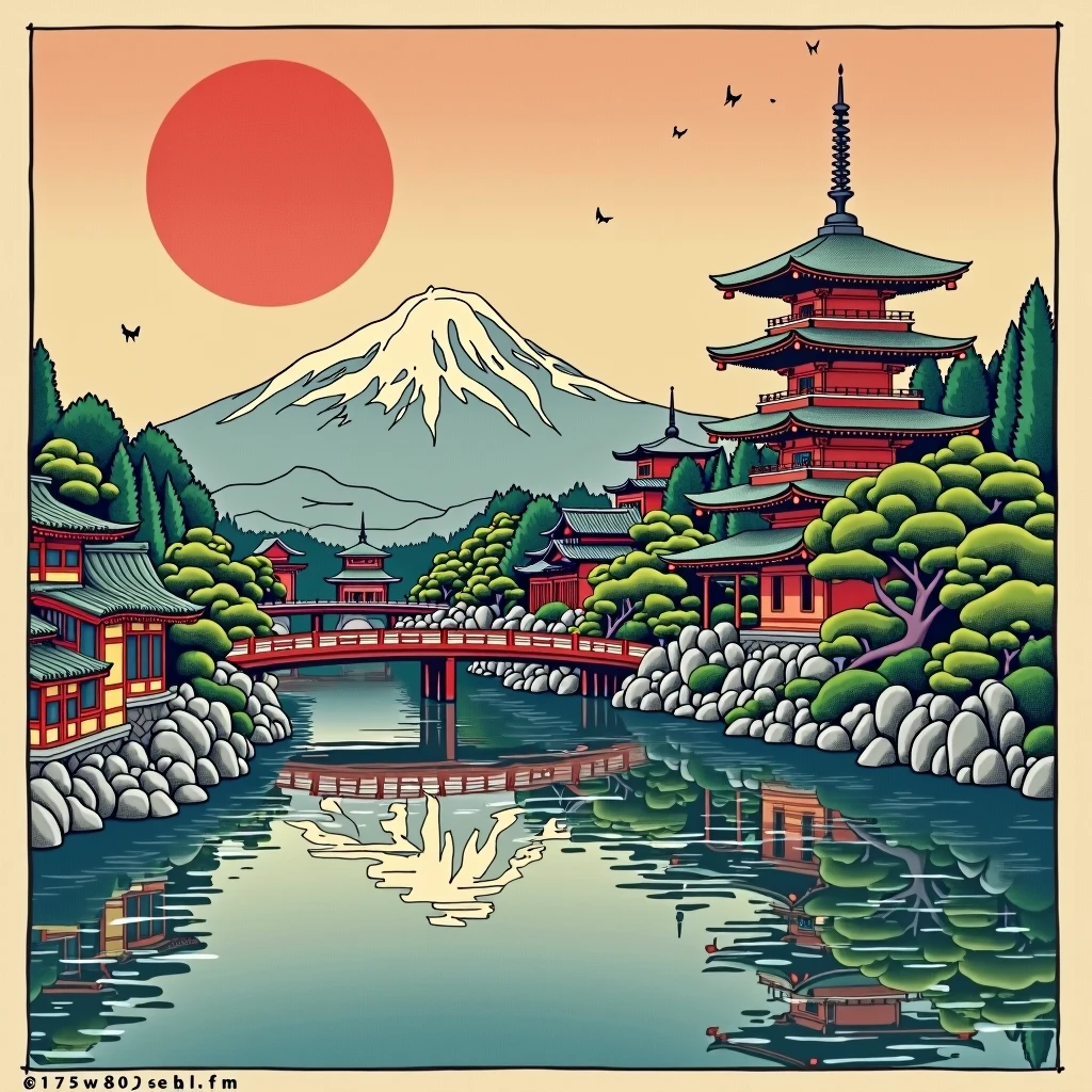 Japanese landmarks in the style of ukiyo-e