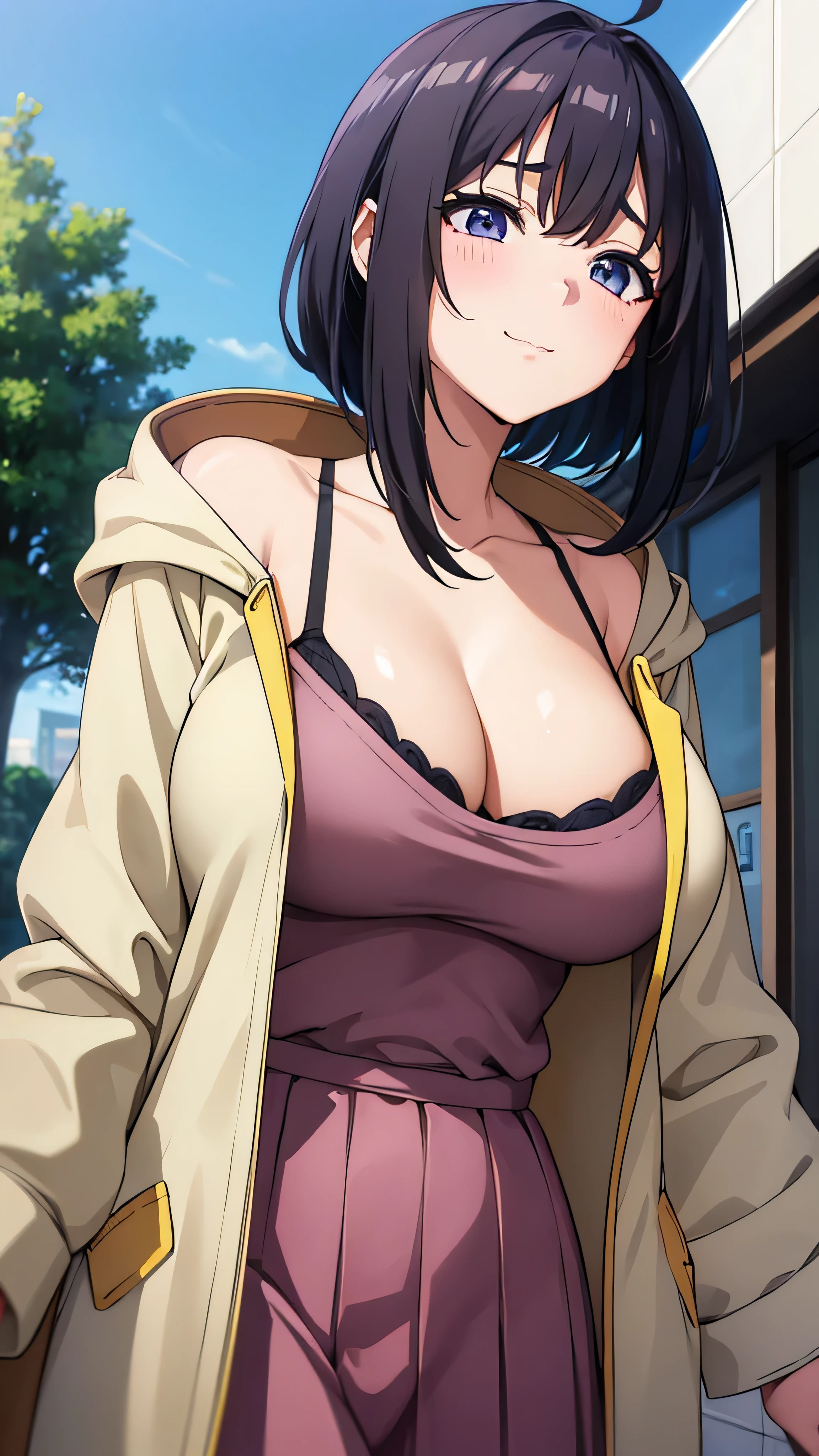 (((masterpiece))),fuyumi itadori, Anime girl characters, 1girl, solo, looking at viewer, medium hair long sleeves, cleavage, bigger breasts, closed mouth, collarbone, jacket, open clothes, open jacket, blue jacket, ground vehicle, sports bra, tall girl, horny, big ass, beautiful face,Charming,  anime visual of a cute girl, screenshot from the anime film, & her expression is solemn, ahegao face, in the anime film, in an anime, anime visual of a young woman, she has a cute expressive face, still from anime, perfect breasts, she is tall, All bodies visible, ahegao face, the face is ahegao, she is horny, A perverted face, she so perverted, she smile so perverted, hd picture, 4k quality, details of the face is so good,bigger breasts, 