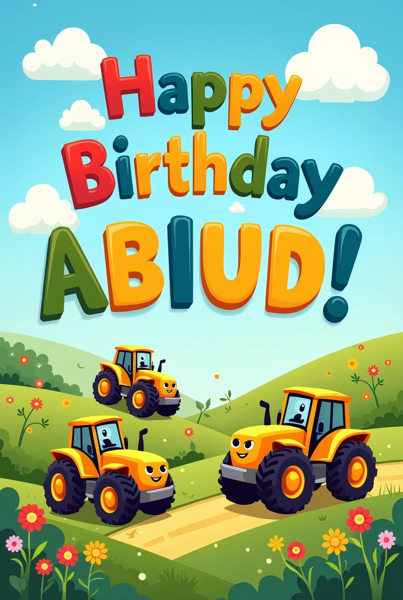 An image where it says : Happy birthday ABIUD!
May you have pictures of yellow tractors.
It's for a 2-year-old boy.