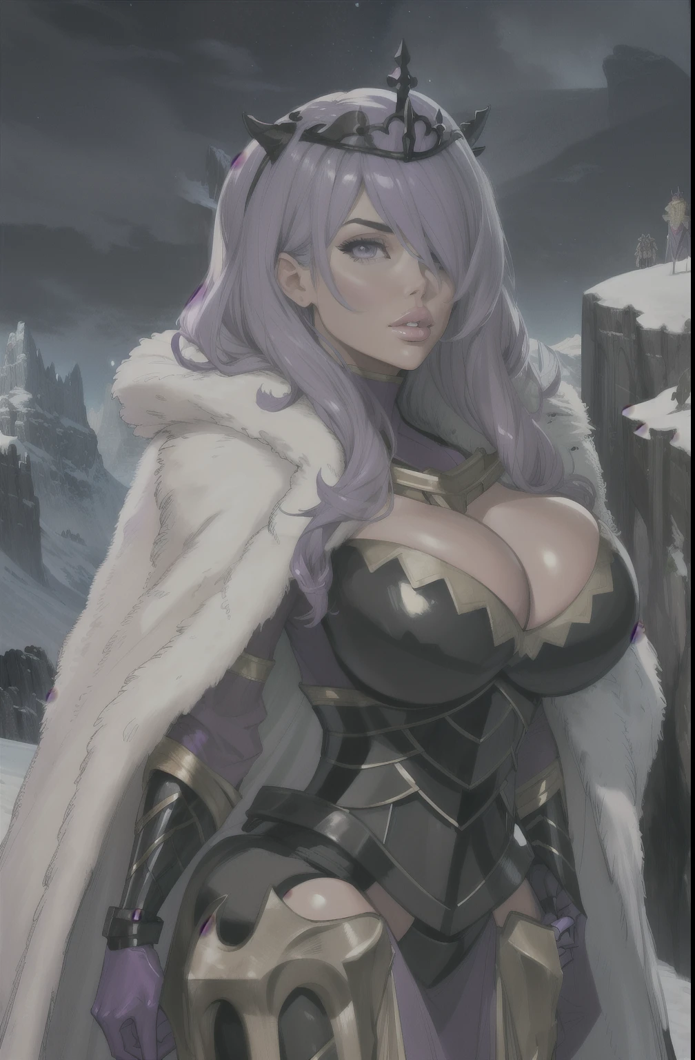masterpiece, best quality, brvCamilla, crown, cape, armor, gloves, fur trim, upper body, huge breasts, flufdy voluptuous hair,looking at viewer, mountain, rock formations, night, serious expression, from side
