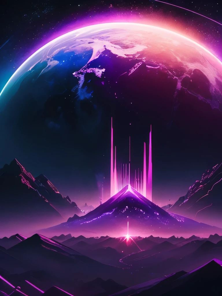 a dark background with a purple and yellow sunset and mountains, jen bartel, cosmic ambient, dark neon colored universe, synthwave art style ]!!, synthwave art, violet planet, fantasy and dreams vibes, ✏️🎨, futuristic art style, 🚀🚀🚀, style hybrid mix of beeple, ( ( ( synthwave ) ) ), another planet, background art