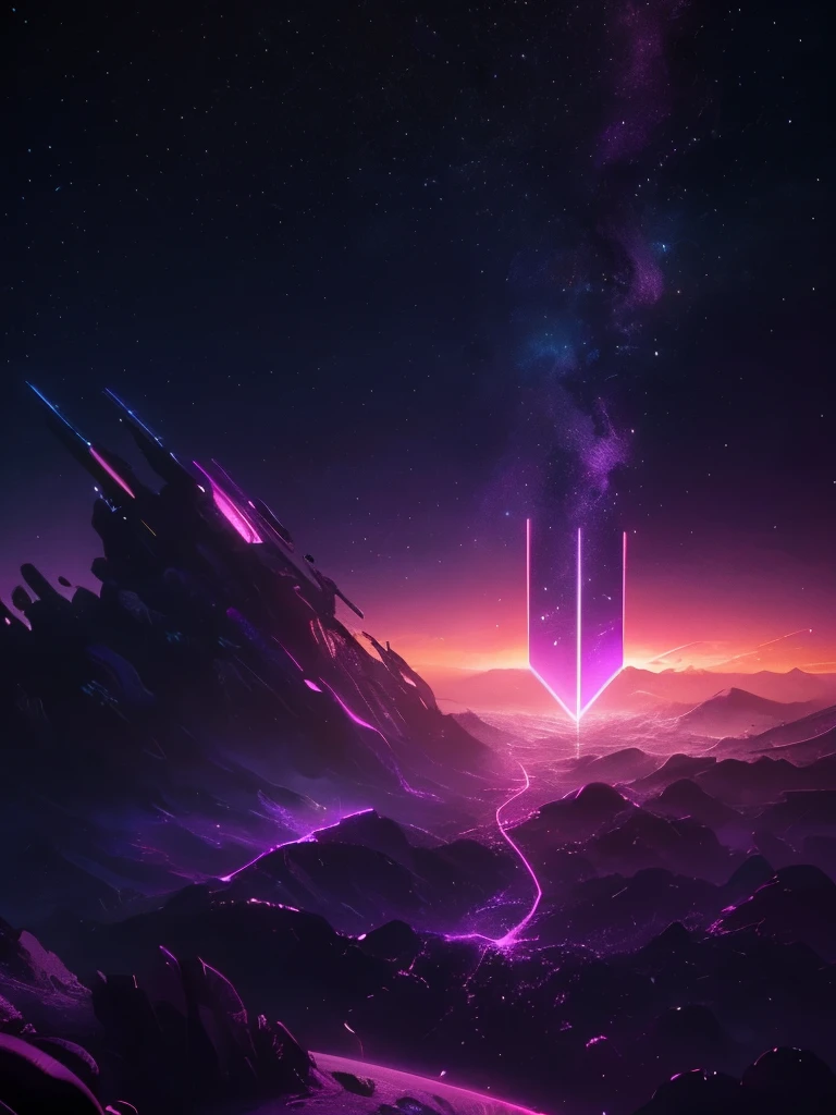 a dark background with a purple and yellow sunset and mountains, jen bartel, cosmic ambient, dark neon colored universe, synthwave art style ]!!, synthwave art, violet planet, fantasy and dreams vibes, ✏️🎨, futuristic art style, 🚀🚀🚀, style hybrid mix of beeple, ( ( ( synthwave ) ) ), another planet, background art