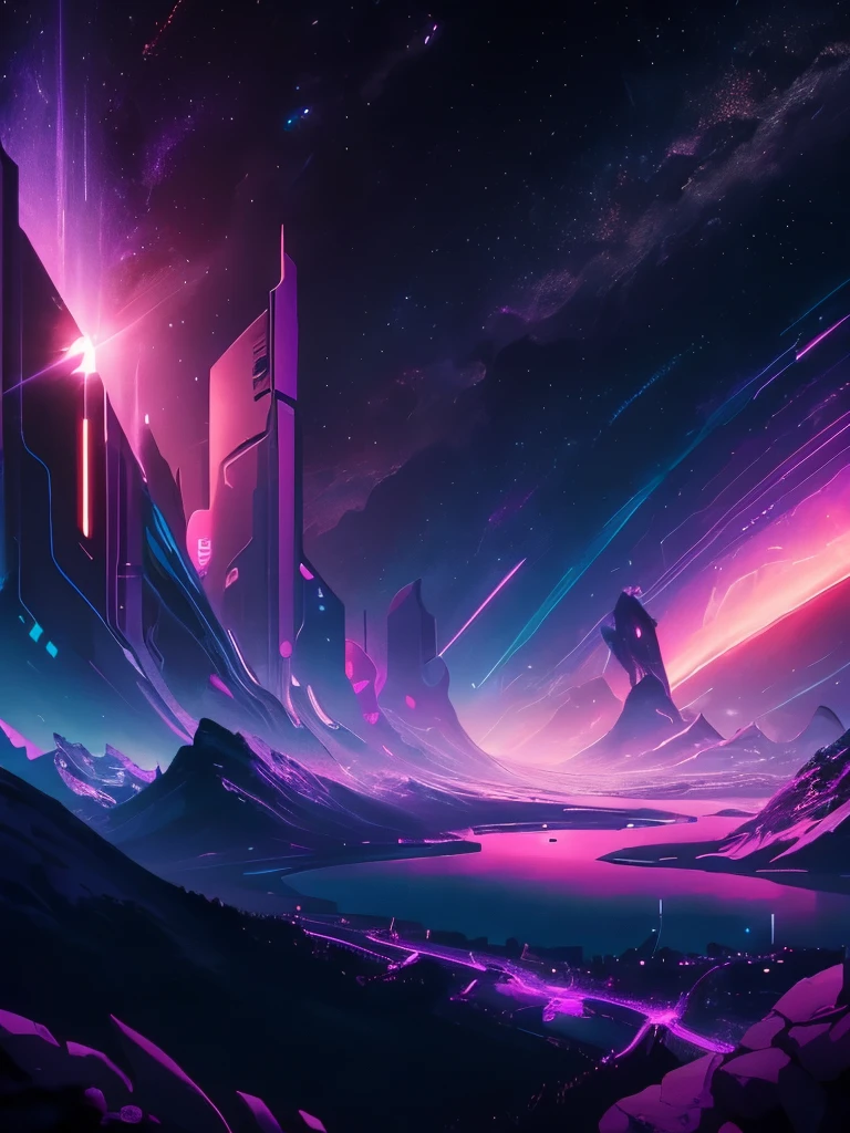 a dark background with a purple and yellow sunset and mountains, jen bartel, cosmic ambient, dark neon colored universe, synthwave art style ]!!, synthwave art, violet planet, fantasy and dreams vibes, ✏️🎨, futuristic art style, 🚀🚀🚀, style hybrid mix of beeple, ( ( ( synthwave ) ) ), another planet, background art