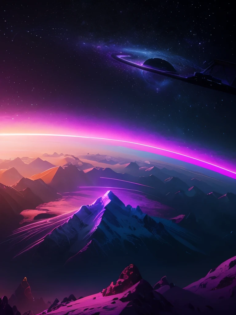 a dark background with a purple and yellow sunset and mountains, jen bartel, cosmic ambient, dark neon colored universe, synthwave art style ]!!, synthwave art, violet planet, fantasy and dreams vibes, ✏️🎨, futuristic art style, 🚀🚀🚀, style hybrid mix of beeple, ( ( ( synthwave ) ) ), another planet, background art