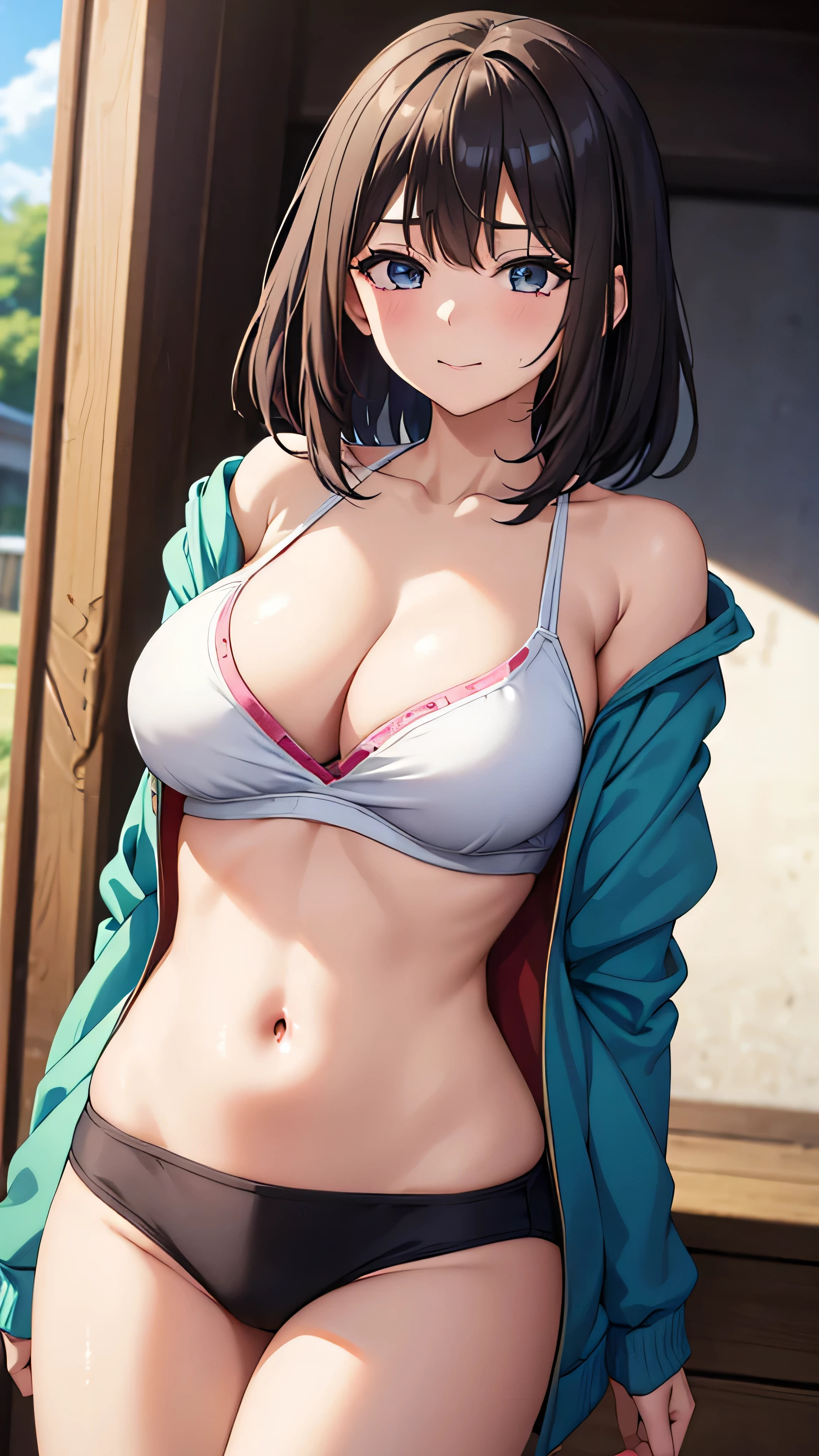 (((masterpiece))),fuyumi itadori, Anime girl characters, 1girl, solo, looking at viewer, medium hair long sleeves, cleavage, bigger breasts, closed mouth, collarbone, jacket, open clothes, open jacket, blue jacket, ground vehicle, sports bra, tall girl, horny, big ass, beautiful face,Charming, anime visual of a cute girl, screenshot from the anime film, & her expression is solemn, ahegao face, in the anime film, in an anime, anime visual of a young woman, she has a cute expressive face, still from anime, perfect breasts, she is tall, All bodies visible, ahegao face, the face is ahegao, she is horny, A perverted face, she so perverted, she smile so perverted, hd picture, 4k quality, details of the face is so good,bigger breasts,