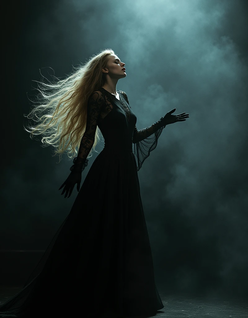 RAW Photo of Sports Evil Queen of Darkness, pale skin, long light brown hair, A Slavic woman sings on stage, ominous vibe, black mist, Long hair, Elegant Sophisticated Fashion Pose, Nikon D850, 4 Kodak Portra 400 ,camera f1.6 lens ,hyper realistic ,lifelike texture , Cinestill 800