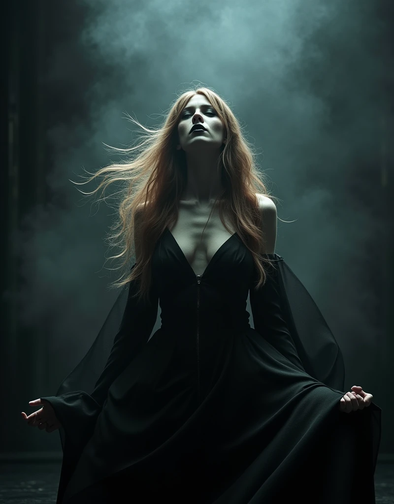 RAW Photo of Sports Evil Queen of Darkness, pale skin, long light brown hair, A Slavic woman sings on stage, ominous vibe, black mist, Long hair, Elegant Sophisticated Fashion Pose, Nikon D850, 4 Kodak Portra 400 ,camera f1.6 lens ,hyper realistic ,lifelike texture , Cinestill 800