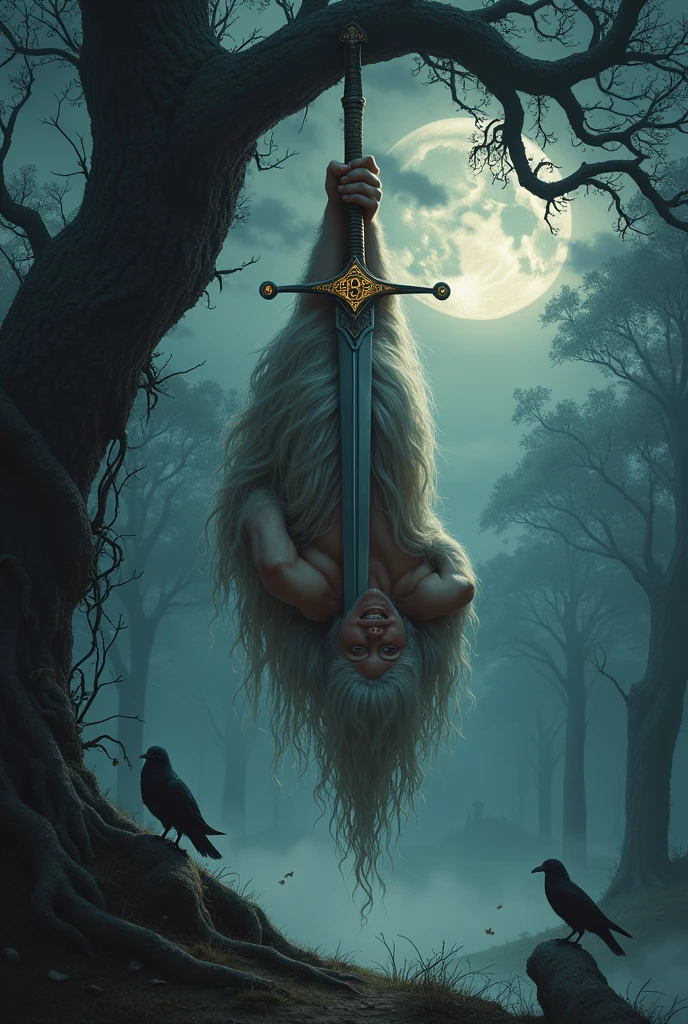 
God Odin hanging by the feet from a tree with a sword pierced through him