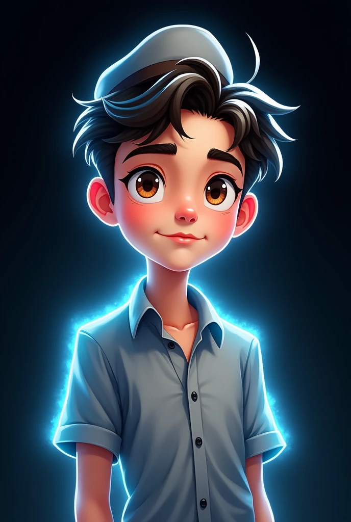 Cartoon style, Glow art, A man, Short hair like a soldier's hair, wearing a hat turned backwards , cartoon style with normal eye proportions, cute and young face shape, Light brown eye color, 17 year old facial proportions, normal and not large nose proportions, brush strokes on the hair, wearing a formal man's shirt with a collar on the neck, light grey shirt, Semi-caricature result with big head and , black color background 45 percent opasity, blue glow art light, hair and shoulder glow art light effect
