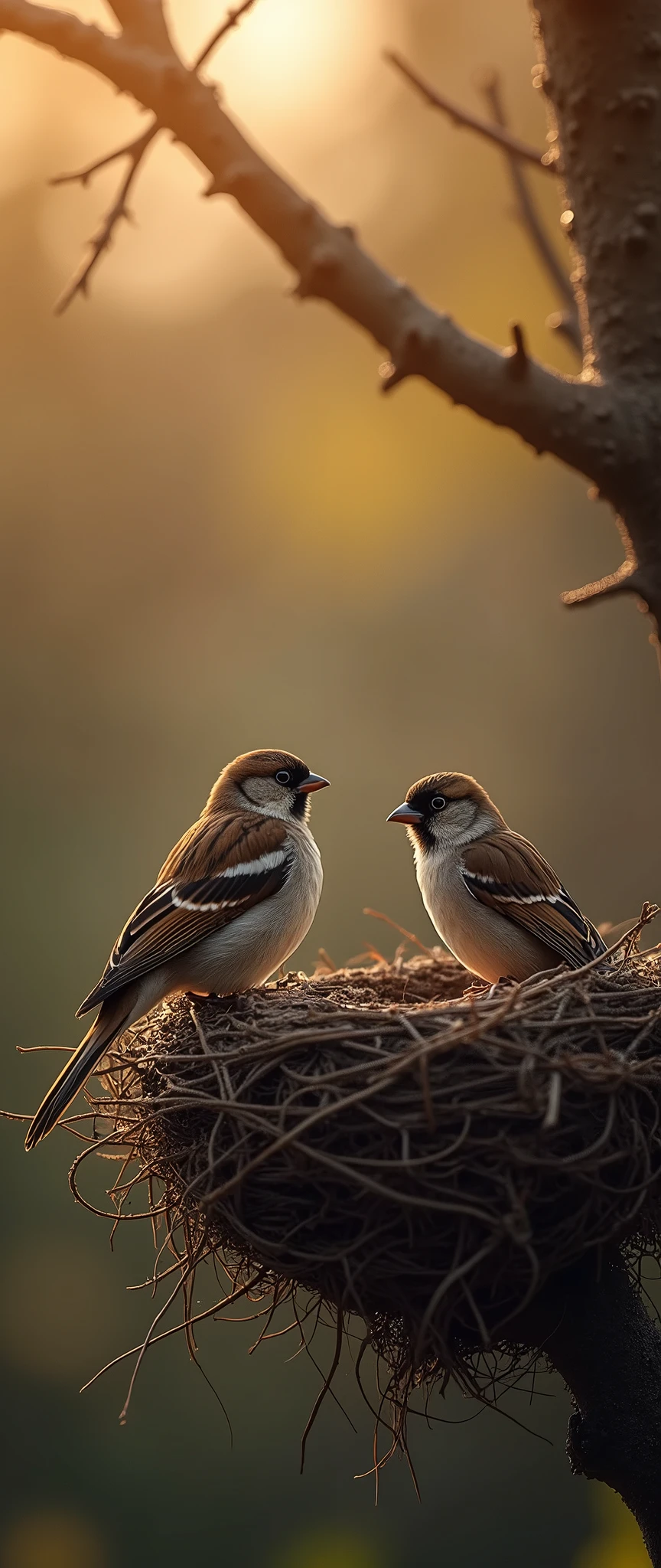 (masterpiece:1.2,Distinguished Quality,Mirror-like,Cinematic Experienc),8k,wallpaper,(Sparrow family),(nest),(dusk:2.0),(dynamic:2.0)