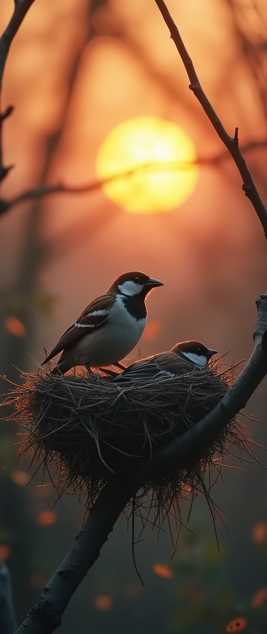 (masterpiece:1.2,Distinguished Quality,Mirror-like,Cinematic Experienc),8k,wallpaper,(Sparrow family),(nest),(dusk:2.0),(dynamic:2.0)