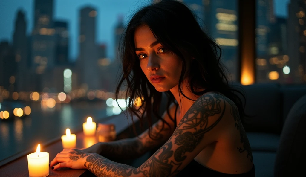 tatuados,Very beautiful big breasts、(Tears),(Back tattoo、Many tattoos on both arms and neck)、 (late night new york,View of the skyscrapers),Candlelight only,Very detailed, 21 years old, A beautiful woman,Depressed face, Black Hair,Wavy Hair, blue eyes, High resolution, masterpiece, Highest quality, Intricate details, Very detailed, Clear focus, Delicate skin, practical skin texture, texture, Delicate eyes, Professional, 8k, Sad face,despair、 Shot with Canon, 85mm, Shallow and deep, Kodak Vision Color, Exactly, Very detailed, photograph_\(Extremist\), photographpractical, practical, Post-processing, Maximum details, Roughness, Real Life, Extremist practical, Photorealism, photographgraphy, 8k ウルトラ HD, photographgraphy