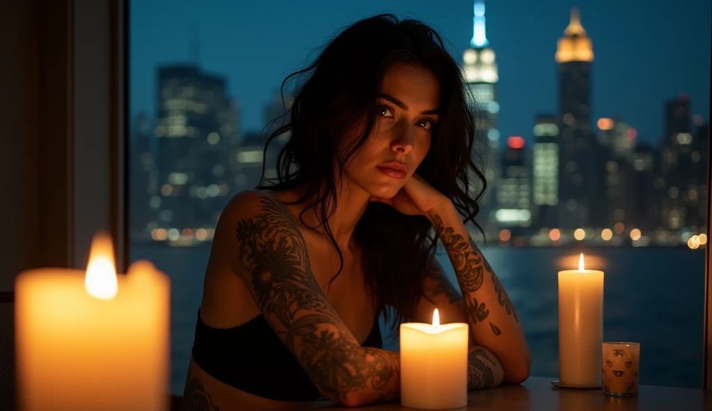 tatuados,Very beautiful big breasts、(Tears),(Back tattoo、Many tattoos on both arms and neck)、 (late night new york,View of the skyscrapers),Candlelight only,Very detailed, 21 years old, A beautiful woman,Depressed face, Black Hair,Wavy Hair, blue eyes, High resolution, masterpiece, Highest quality, Intricate details, Very detailed, Clear focus, Delicate skin, practical skin texture, texture, Delicate eyes, Professional, 8k, Sad face,despair、 Shot with Canon, 85mm, Shallow and deep, Kodak Vision Color, Exactly, Very detailed, photograph_\(Extremist\), photographpractical, practical, Post-processing, Maximum details, Roughness, Real Life, Extremist practical, Photorealism, photographgraphy, 8k ウルトラ HD, photographgraphy