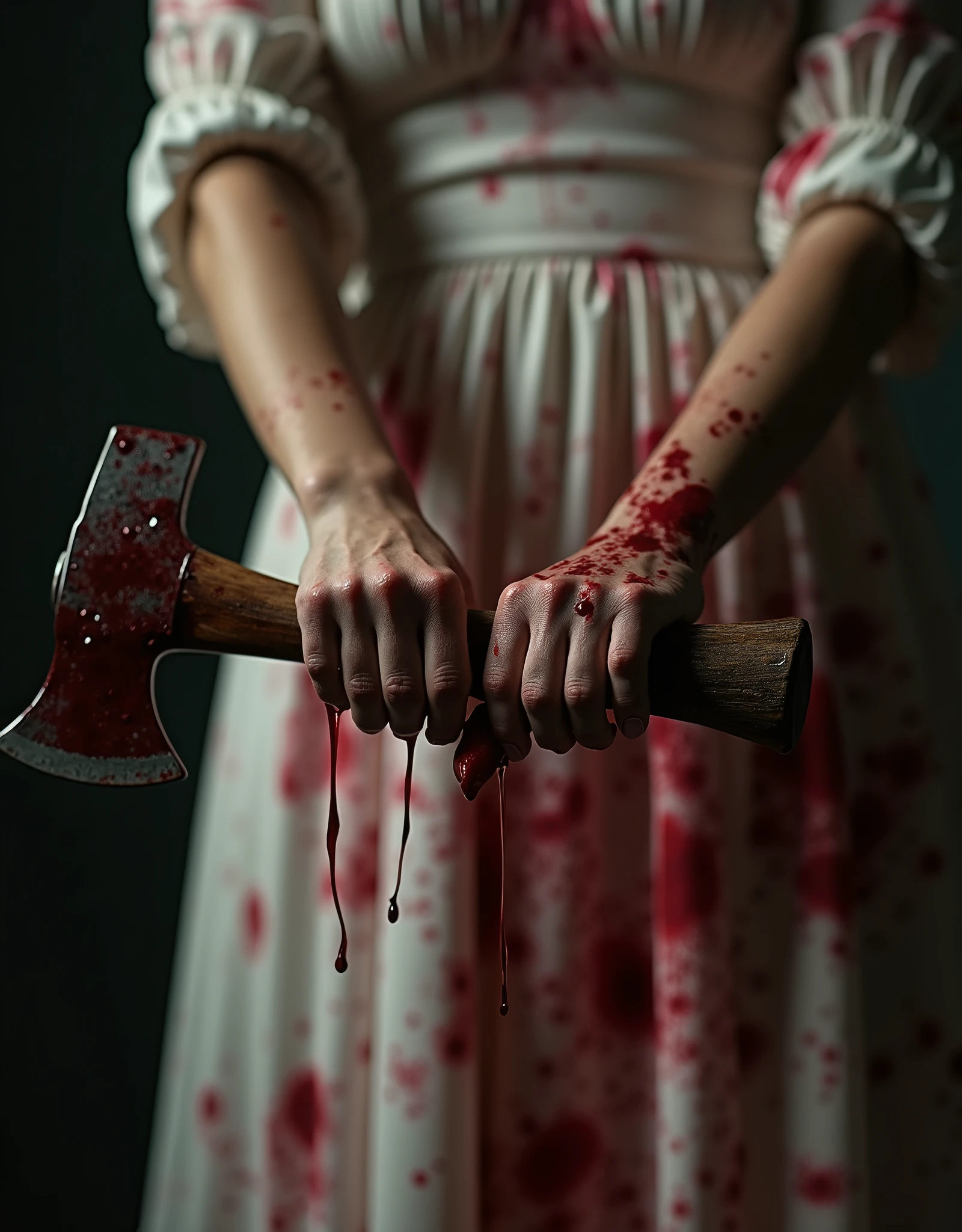 (close-up of a woman's hands gripping a bloody axe handle:2.0), white dress heavily stained with blood:1.4, dripping blood, horror, dramatic lighting, chiaroscuro, grainy, dark, atmospheric, realistic, detailed, ultra-realistic, 4k, 8k, high resolution, Masterpiece: 1.2, Ultra-detailed, Realistic: 1.37, Professional, Vivid colors, Dramatic shadows