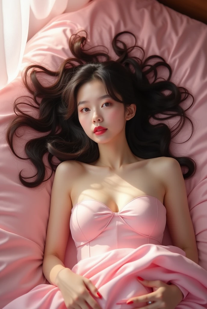 a beautiful Chinese woman , long curly hair, bright white face, gray eyes, wet red lips, plump body, plump arms, beautiful fingers with red nails, huge challenging breasts, big hips and plump thighs, smooth shining skin, sleeping on a pink bed with a challenging pose, very realistic, 8K, high resolution.