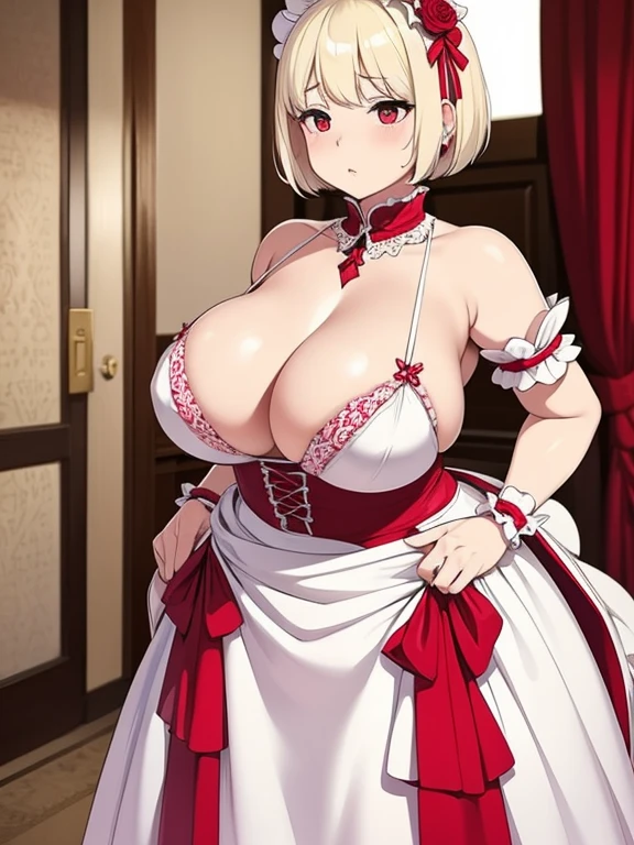 masterpiece,Highest quality,Light blonde short hair。Short Hair。Red Eyes。Droopy eyes。Baby Face。boyish。glamorous。Plump。Big Tits。Very large breasts。Big Tits。Big Boobs。tits。White。White Goth。Frills。Princess Dress。Embarrassed。Bedroom。クソデカtits。。milf。Voluptuous。Super Breasts。Wedding dress。Long Skirt。Large breasts。lure。First Night。tadress。Loliexual intercourse