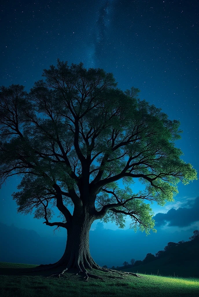 a tree at a left side with stars in the sky at night
