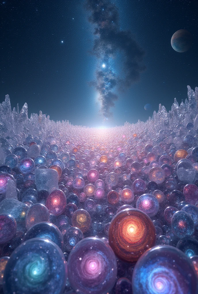 make an illustration of:

There is a large void field.,inside there is an infinite number of crystal shards,inside each crystal shard there are infinite marbles,inside the marbles again,each has infinite marbles inside it,then inside the marbles,each has a galaxy,The night sky is filled with stars,dan planet