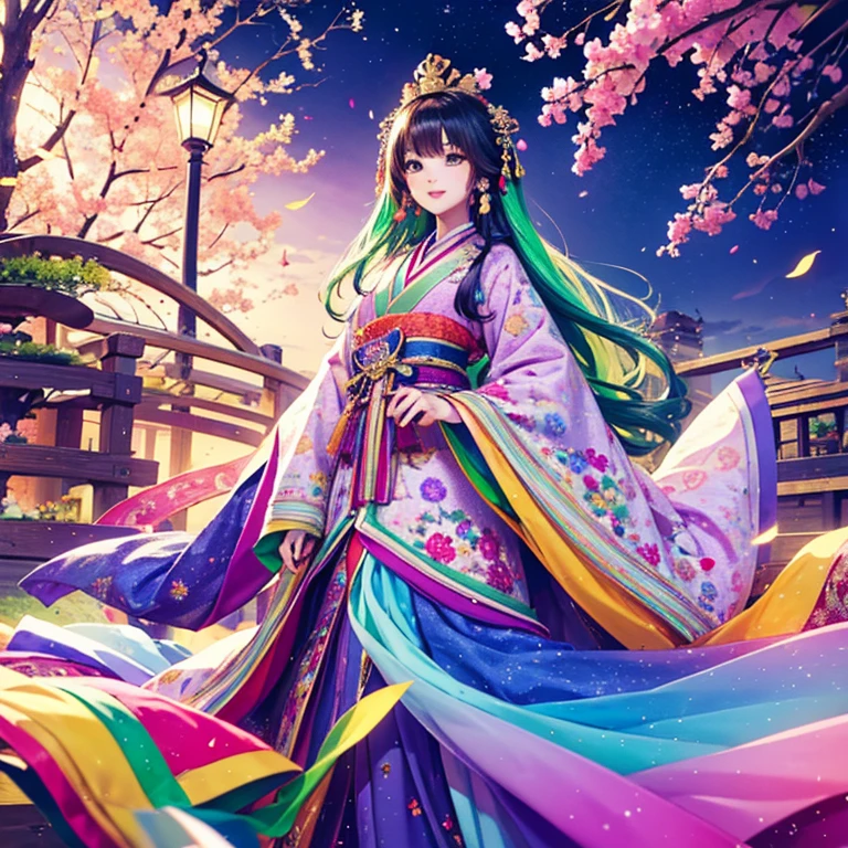 ( High resolution、 Super detailed、masterpiece、Highest quality、High resolution、8k、Detailed Anime)、Heian period、(NHK Taiga Drama、To the Shining One)、Fujiwara Akiko、Young beautiful woman、Beautiful Face、Beautiful Face、Pretty lips、(12 single coats、Light pink、Light purple、yellow、green、blue、red、White color、Colorful overlapping)、(Full Body Shot)、Long black hair、Jewel Ornament、background、garden、Colorful flowers、Vibrant colors、Detailed CG、