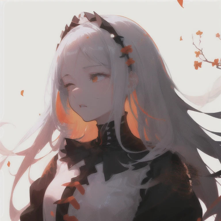 (White background:1.4),(Silhouette of a girl's head, Close eyes, multi-colored long hair, ), Bright Orange Eyes, flowers on hair,( Smart Design, Sharp lines, High sharpness,top quality, very detailed, masterpiece, lighting effects in cinema, 4K )pure White background