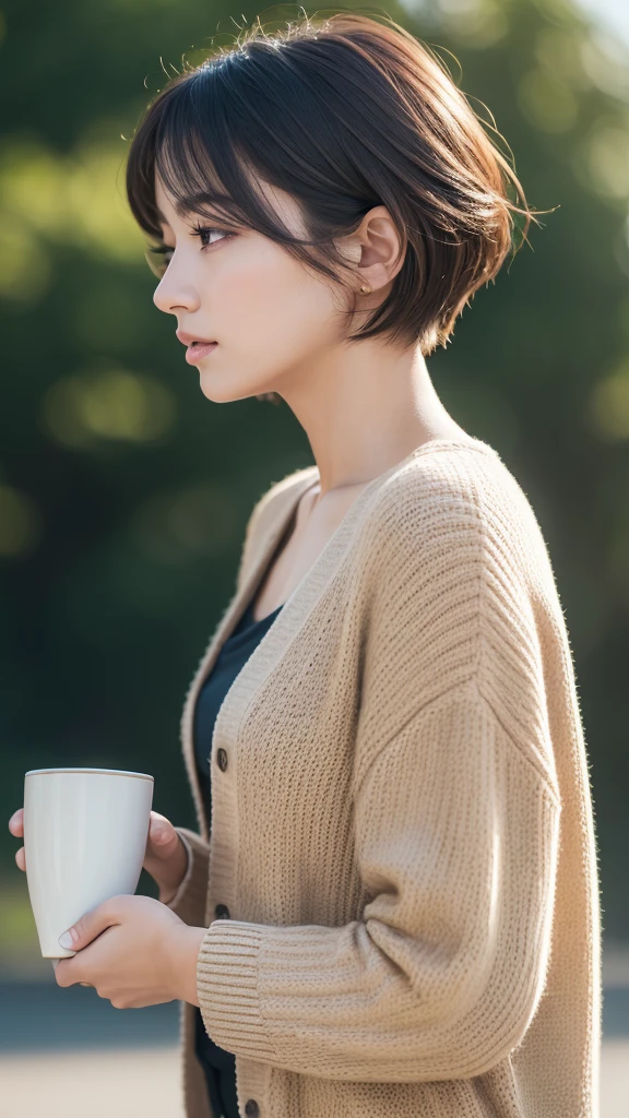 best quality, realistic, very detailed, high resolution, plain background, 8K wallpapers, one beautiful woman, Short hair, sharp focus, Complete and dynamic composition, coffee shop, 31 years old, Miss, Comfortable cardigan, beautiful eyes, delicate hair, inexpressive, model body type, ((Beautiful profile)), hair blowing in the wind, ((Don&#39;t look at the camera.:1.3)), ((side view portrait:1.3)), documentary style, over-the-shoulder shot