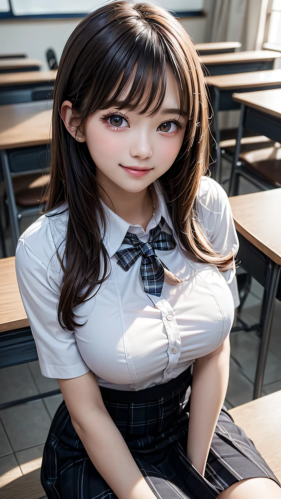 (classroom), (Beautiful and vibrant background), (Huge breasts:1.3), ((tie)), (White short-sleeved collared shirt:1.3), (Checkered Pleated Skirt:1.1), (Beautiful black eyes down to the last detail), (Sit at a desk), (Attractive thighs:1.3), (Full Body Shot:1.4), Big eyes, (Heart shaped eyes), (1 person), (Beautiful Face), Perfect Face, (High nose), Laugh a little, Smiling with teeth showing, Embarrassing, Highest quality, High resolution, (Beautiful and mature), (original), (masterpiece), (Very nice and beautiful), (Perfect detail), (Unity CG 8K Wallpaper), (Portraiture:1.2), 