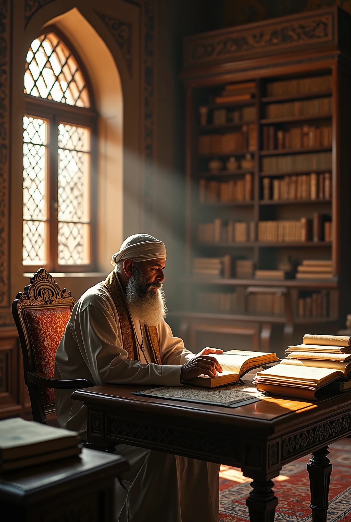 A Muslim scholar Sitting on the chair and table 