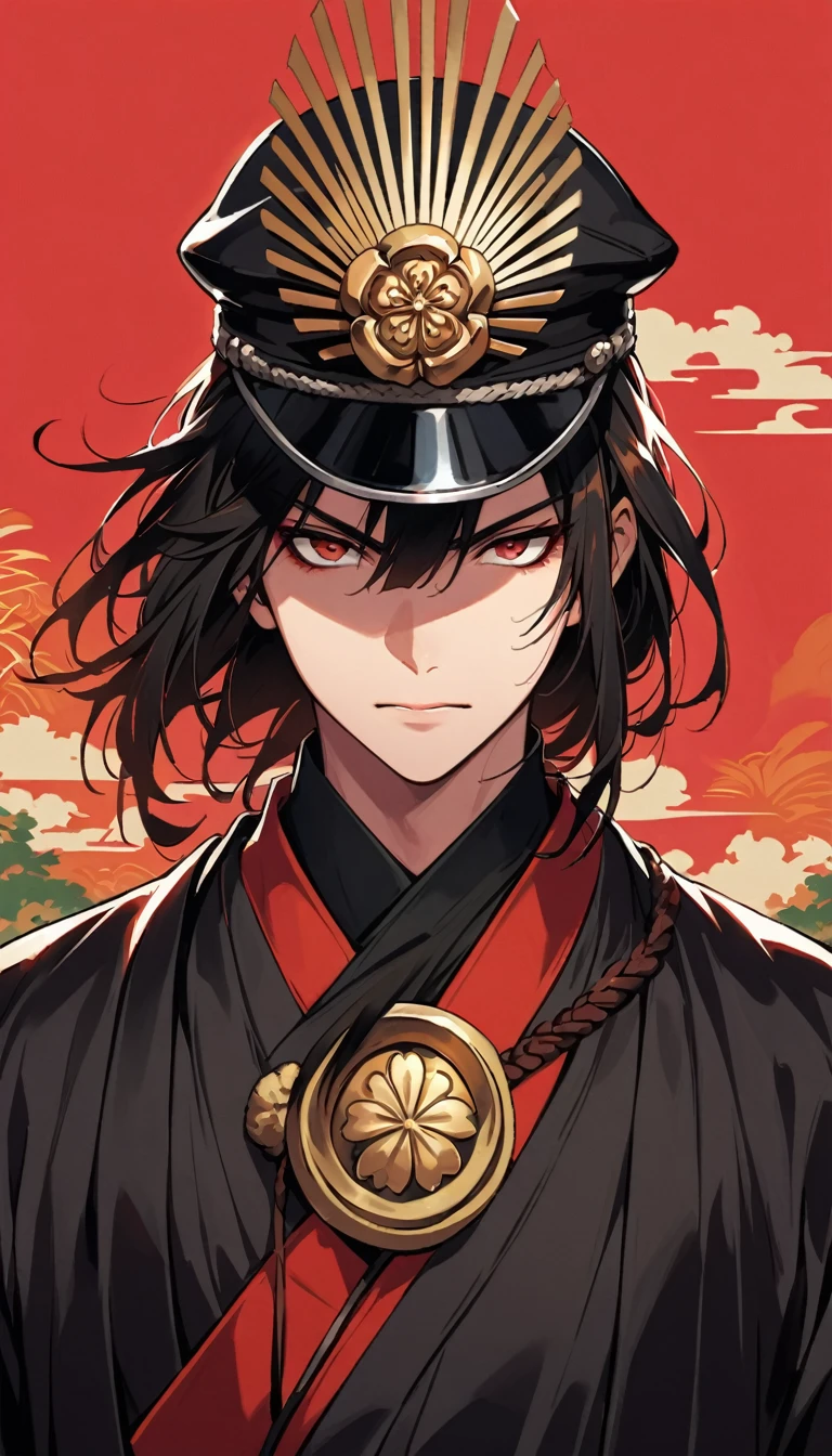 Create a portrait of Oda Nobunaga, a warlord from the Sengoku period. Set the background with a traditional Japanese castle or Sengoku era scenery. Nobunaga should be depicted in distinctive Sengoku-era attire, with a confident and dignified expression that highlights his personality.